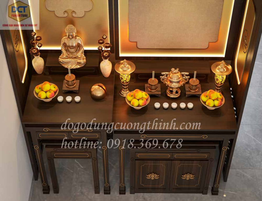 Cặp bàn thờ Phật - Gia Tiên gỗ tần bì